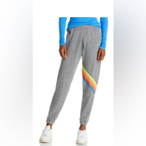 Aviator Nation Gray sweatpants with 5 neon stripes wrapped around left leg - Picture 1 of 3